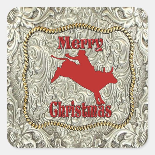 Silver Bull Rider Gürtel Buckle Weihnachten Quadratischer Aufkleber (Vorderseite)