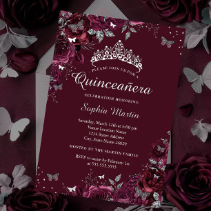 Silver Burgundy Blume Quinceanera Folieneinladung