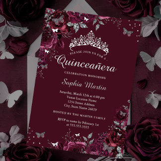 Silver Burgundy Blume Quinceanera Folieneinladung