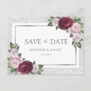 Silver Burgundy Blush Wedding Save the Date Ankündigungspostkarte