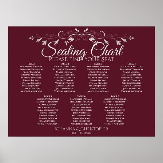 Silver Burgundy Chic 7 Table Wedding Chart Poster (Vorne)