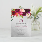 Silver & Burgundy Floral 25. Hochzeitstag Einladung (Stehend Vorderseite)