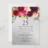 Silver & Burgundy Floral 25. Hochzeitstag Einladung (Vorderseite)