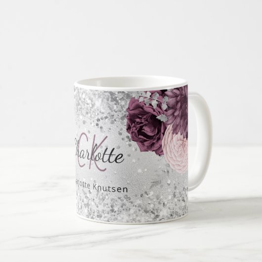 Silver burgundy florale elegant monogram name kaffeetasse (VorderseiteRechts)