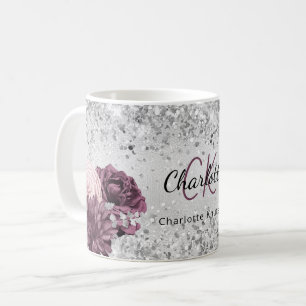 Silver burgundy florale elegant monogram name kaffeetasse