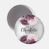 Silver burgundy florale elegant monogram name magnet (Vorderseite/Rückseite)