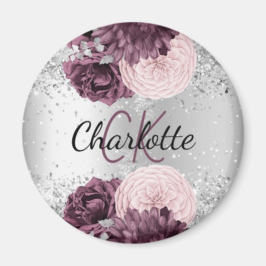 Silver burgundy florale elegant monogram name magnet (Vorne)