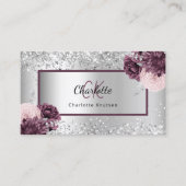 Silver burgundy florale elegant monogram QR code Visitenkarte (Vorderseite)