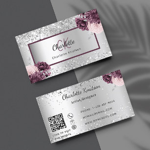 Silver burgundy florale elegant monogram QR code Visitenkarte