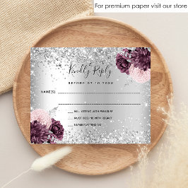 Silver burgundy florals Budget Hochzeit RSVP Karte