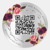 Silver burgundy florals geometrische QR-Code Hochz Runder Aufkleber (Vorderseite)