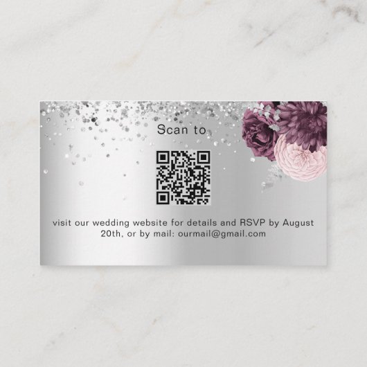 Silver burgundy Hochzeitwebsite UAWG QR Code Begleitkarte (Rückseite)