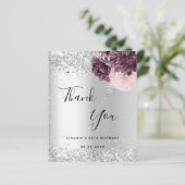 Silver burgundy pink floral danke Karte (Stehend Vorderseite)