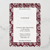 Silver Burgundy Red Floral Brautparty Folieneinladung (Vorderseite)