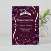 Silver Burgundy Rose Butterfly Quinceanera Folieneinladung (Stehend vorne)