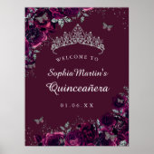 Silver Burgundy Rose Quinceanera Sign Willkommen Poster (Vorne)