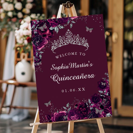 Silver Burgundy Rose Quinceanera Sign Willkommen Poster