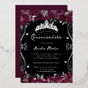 Silver Burgundy Swirl Scroll Floral Quinceanera Folieneinladung