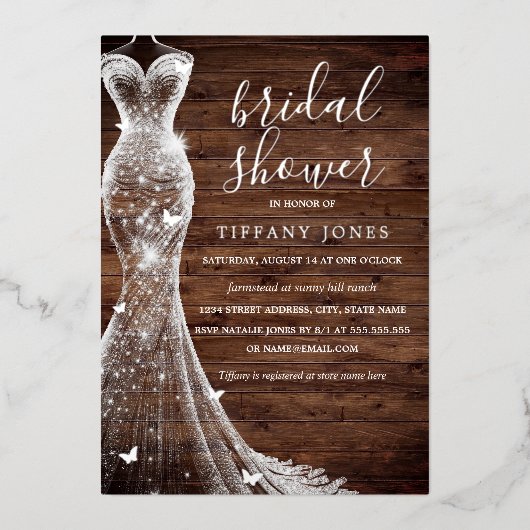 Silver Butterfly Dress Rustikales Brautparty Folieneinladung (Vorderseite)