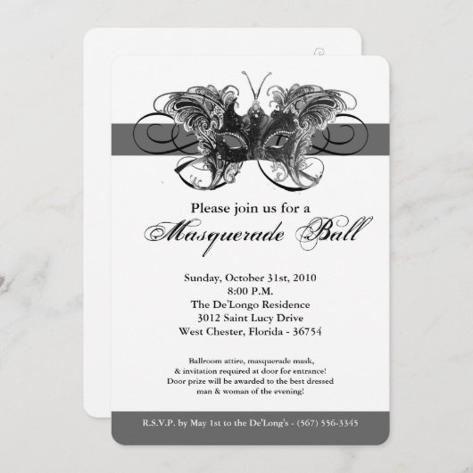 Silver Butterfly Masquerade Maskenkostüm Halloween Einladung (Vorne/Hinten)