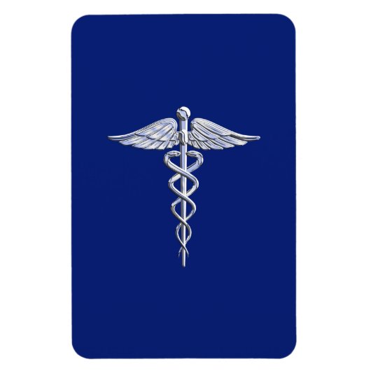Silver Caduceus Medical Symbol auf Navy Blue Decor Magnet (Vertikal)