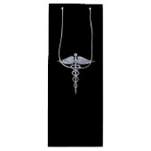 Silver Caduceus Medical Symbol auf schwarz Geschenktüte Für Weinflaschen (Vorderseite)