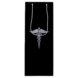 Silver Caduceus Medical Symbol auf schwarz Geschenktüte Für Weinflaschen