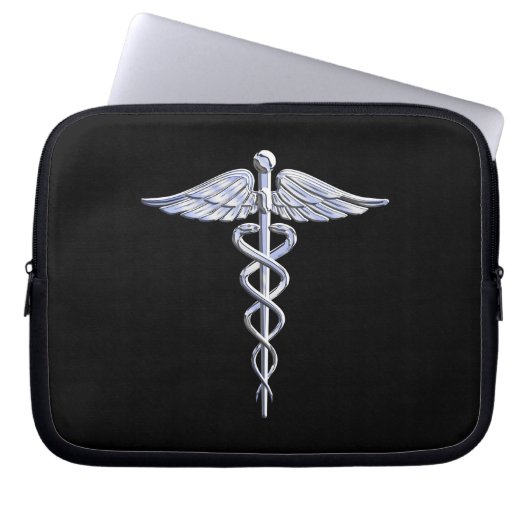 Silver Caduceus Medical Symbol auf Schwarz Laptopschutzhülle (Vorderseite)