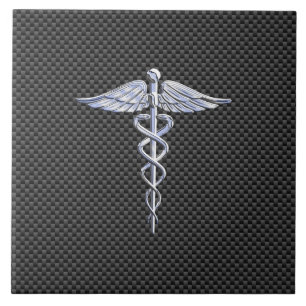 Silver Caduceus Medical Symbol Carbon Fiber Style Fliese