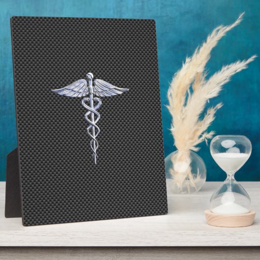 Silver Caduceus Medical Symbol Carbon Fiber Style Fotoplatte (Seite)