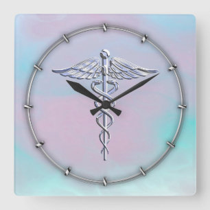 Silver Caduceus Medical Symbol Mother Pearl Decor Quadratische Wanduhr