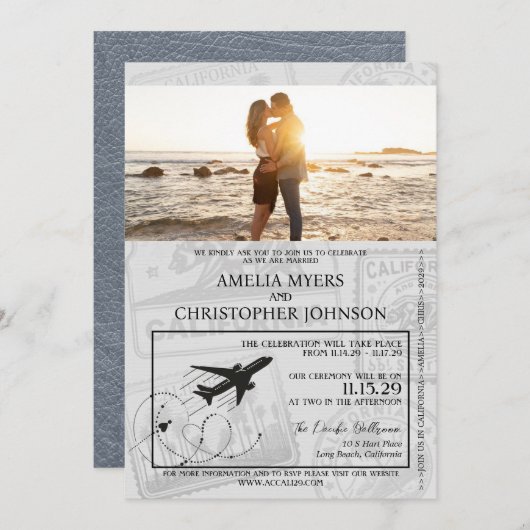 Silver California Passport Wedding Einladung (Vorne/Hinten)