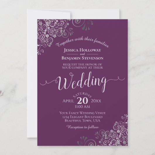 Silver Calligraphy Elegant Plum Purple Wedding Einladung (Vorderseite)