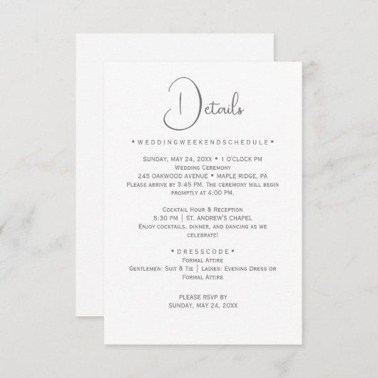 Silver Calligraphy Wedding Details Card Begleitkarte (Vorne/Hinten)