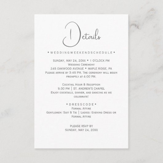 Silver Calligraphy Wedding Details Card Begleitkarte (Vorderseite)