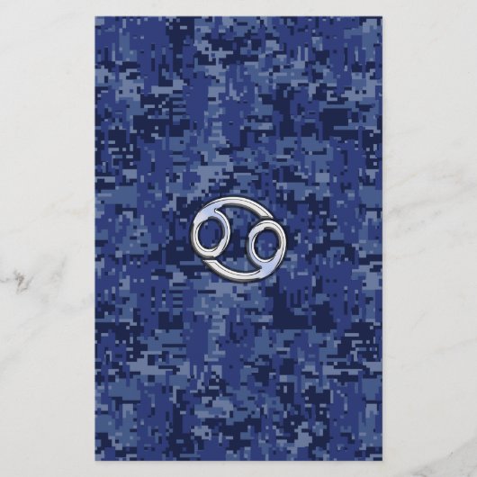 Silver Cancer Zodiac Sign Navy Blue Digital Camo Briefpapier (Vorderseite)