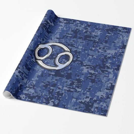 Silver Cancer Zodiac Sign Navy Blue Digital Camo Geschenkpapier (Ungerollt)