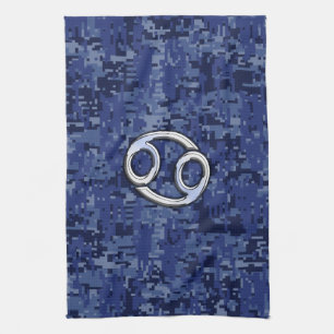 Silver Cancer Zodiac Sign Navy Blue Digital Camo Geschirrtuch