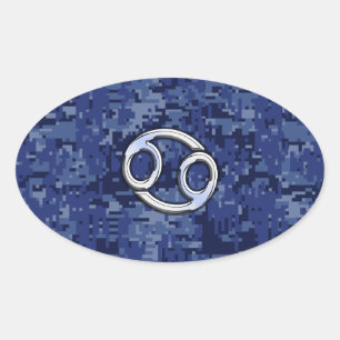 Silver Cancer Zodiac Sign Navy Blue Digital Camo Ovaler Aufkleber