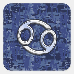 Silver Cancer Zodiac Sign Navy Blue Digital Camo Quadratischer Aufkleber