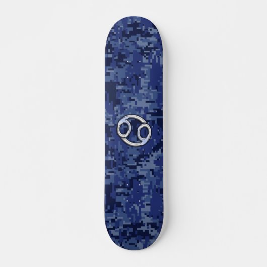 Silver Cancer Zodiac Sign Navy Blue Digital Camo Skateboard (Vorne)