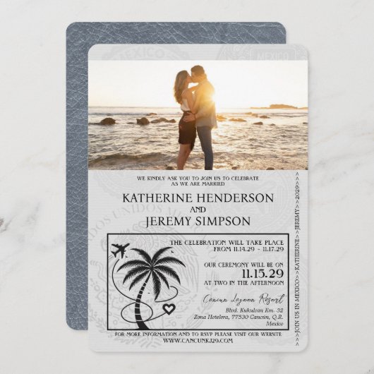 Silver Cancun Passport Wedding Einladung (Vorne/Hinten)