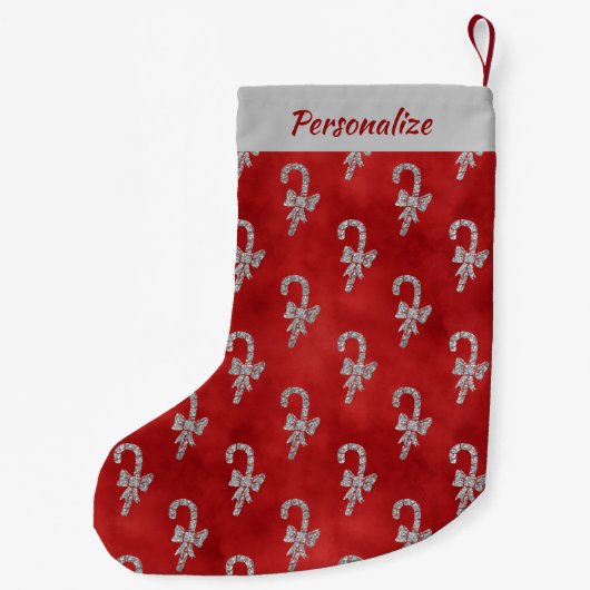 Silver Candy Canes Red Glitter Personalized Kleiner Weihnachtsstrumpf (Rückseite)