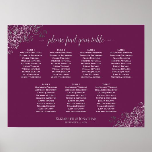 Silver & Cassis 7 Tabelle Hochzeitskarte Poster (Vorne)