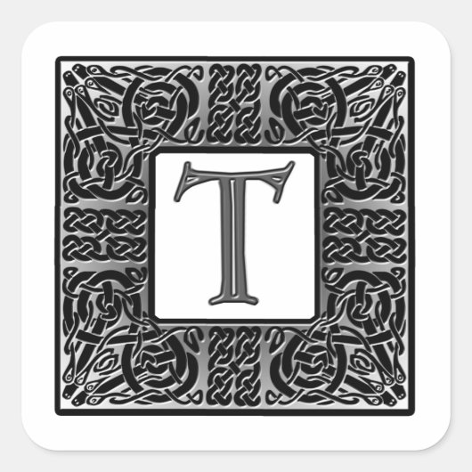 Silver Celtic "T" Monogram Quadratischer Aufkleber (Vorderseite)