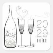 Silver Champagne Cheers Bubbly Stylish New Year Quadratischer Aufkleber (Vorderseite)