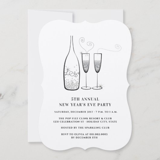 Silver Champagne Cheers Jährliches Silvesterabend Einladung (Vorderseite)