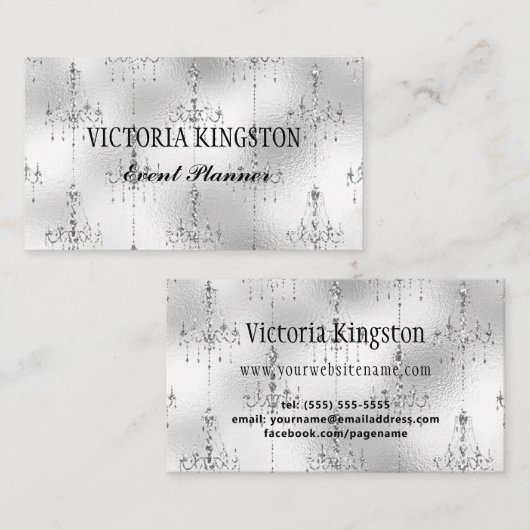 Silver Chandeliers Event Planner Business Card Visitenkarte (Vorne/Hinten)