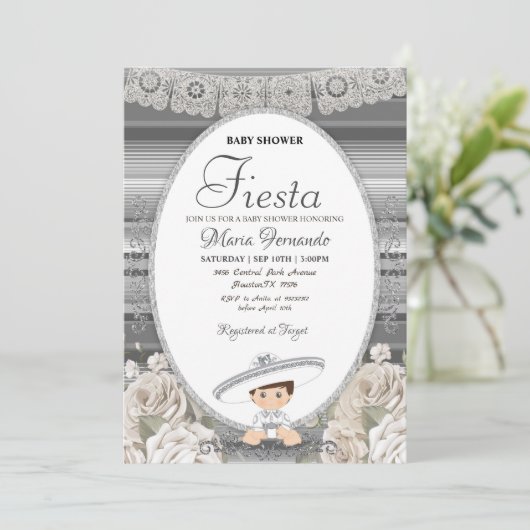 Silver Charro Baby Shower Fiesta Einladung (Stehend Vorderseite)