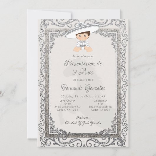 Silver Charro Mexican Tres Anos Boy Einladung (Vorderseite)